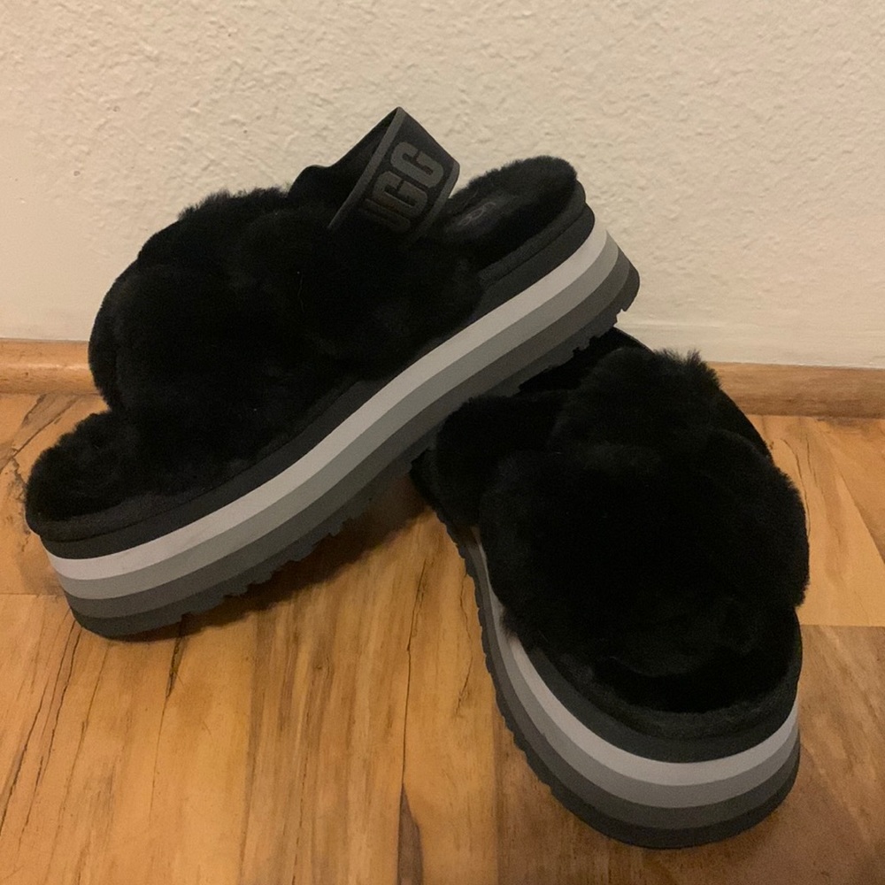 Ugg Platform Fluffy Black Crossover Slide Slippers - image 1